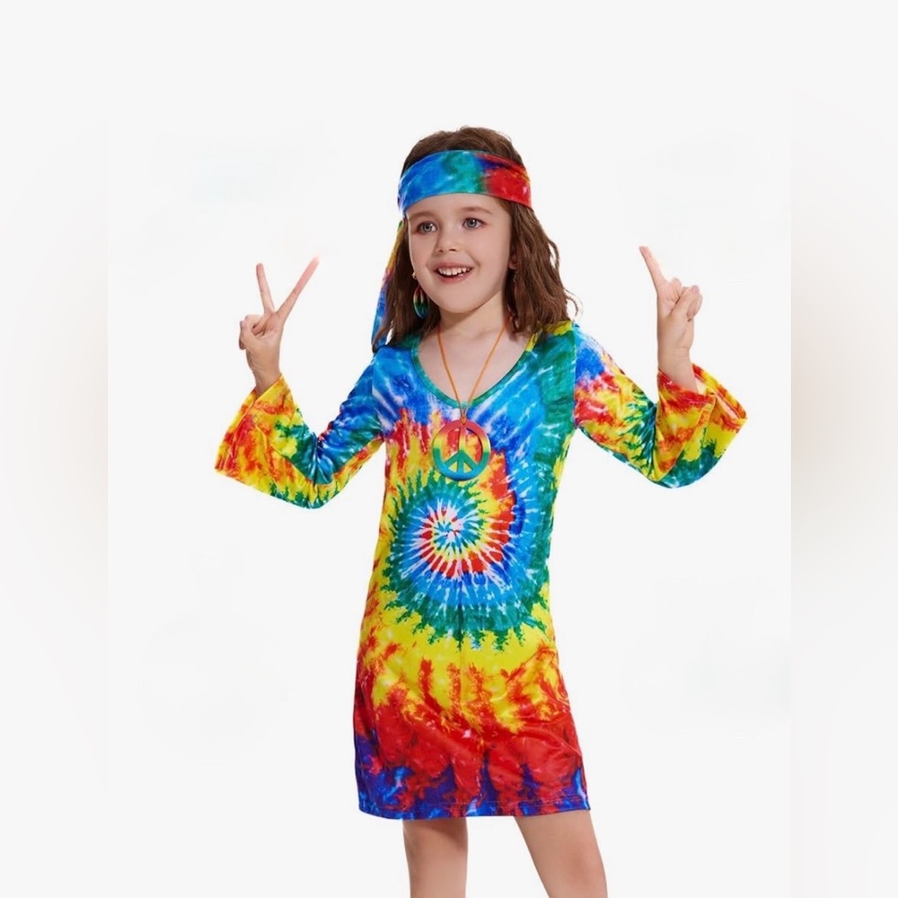 Girls Multi-Color Tie-Dye Peace Dress with Headband Hippie Style